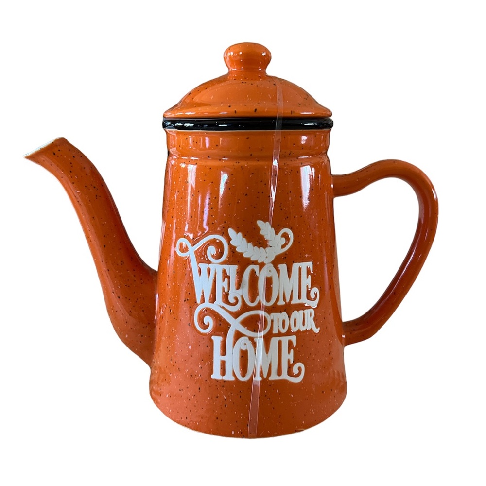 Potter’s Studio Welcome to our home teapot ceramic orange white and black NEW